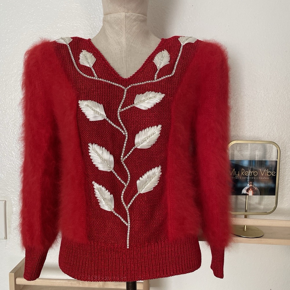 Vintage Red Angora Sweater Balloon Sleeves And Shoulder Pads - Picture 8 of 12